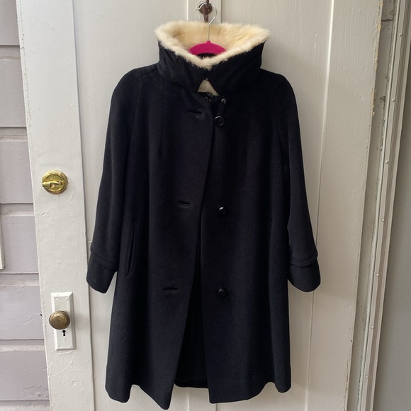 VINTAGE Wool & Fur Collar 50's 60's Black White Swing Coat Medium Union Made - Picture 12 of 14